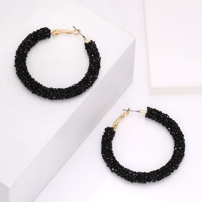 NLCAC Glitter Hoop Earrings Bohemian Sparkle Resin Rhinestone Wrapped Hoop Dangle Earrings for Women(B-black) - Image 4